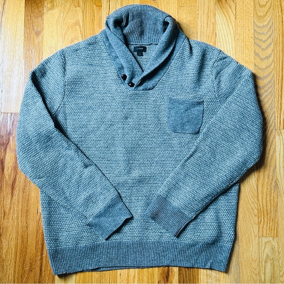J.Crew Sweater Mens Birdseye Gray Lambswool Shawl Neck Pocket Pullover Large - Picture 1 of 8